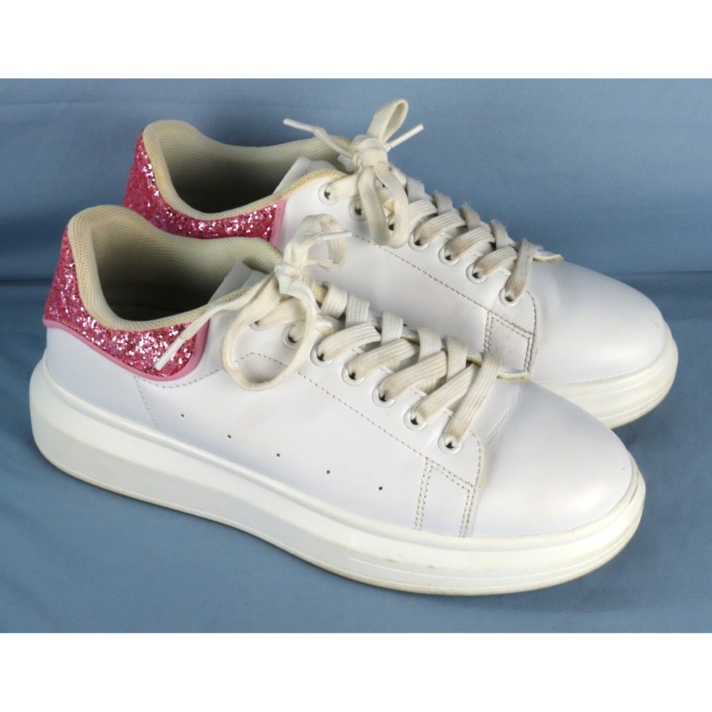 BERNESS White Faux Leather PLATFORM CHUNKY SNEAKERS SHOES Pink Glitter Backs 9